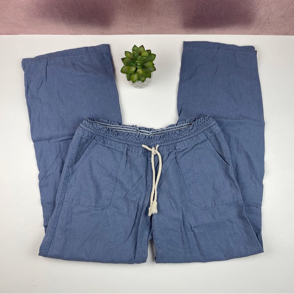 Kiss & Cry Solid Blue White Drawstring Linen Rayon Pants Casual Women Large